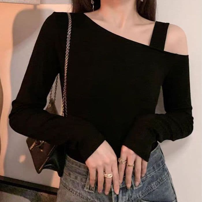 오프숄더 기본 셔츠 여성 가을 겨울 긴팔 티셔츠 검정색 슬림해 보이는 디자인 센스 작은 대중 섹시함 비스듬한 어깨 의류 상세 이미지 11