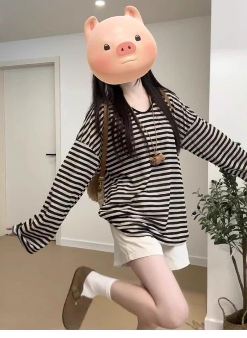 있음 선적 가을 새로운 한국 스타일 대외 무역 느긋한 바람 스트라이프 대 네클라인 u 칼라 긴팔 티셔츠 상세 이미지 3
