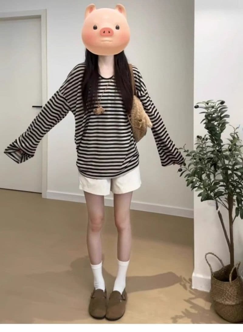 있음 선적 가을 새로운 한국 스타일 대외 무역 느긋한 바람 스트라이프 대 네클라인 u 칼라 긴팔 티셔츠 상세 이미지 4