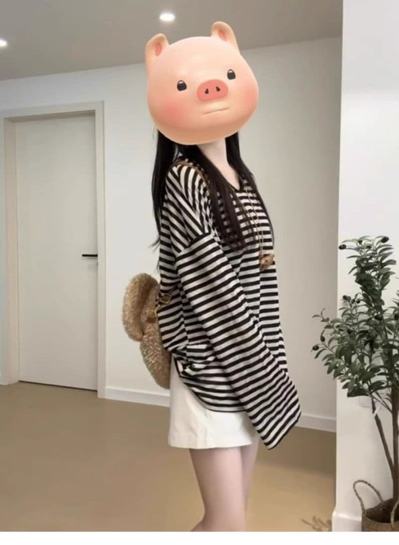 있음 선적 가을 새로운 한국 스타일 대외 무역 느긋한 바람 스트라이프 대 네클라인 u 칼라 긴팔 티셔츠 상세 이미지 6
