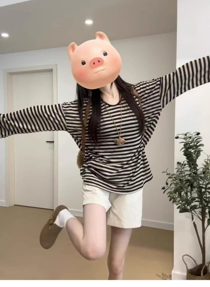 있음 선적 가을 새로운 한국 스타일 대외 무역 느긋한 바람 스트라이프 대 네클라인 u 칼라 긴팔 티셔츠 상세 이미지 13