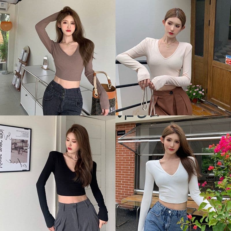 있음 선적 티셔츠 여성 짧은 몸매 가꾸기 긴팔 기본 셔츠 가을 섹시함 V넥 쇄골 학생 맨위 여성 이미지 3