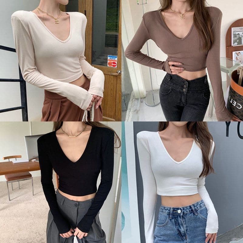 있음 선적 티셔츠 여성 짧은 몸매 가꾸기 긴팔 기본 셔츠 가을 섹시함 V넥 쇄골 학생 맨위 여성 이미지 4
