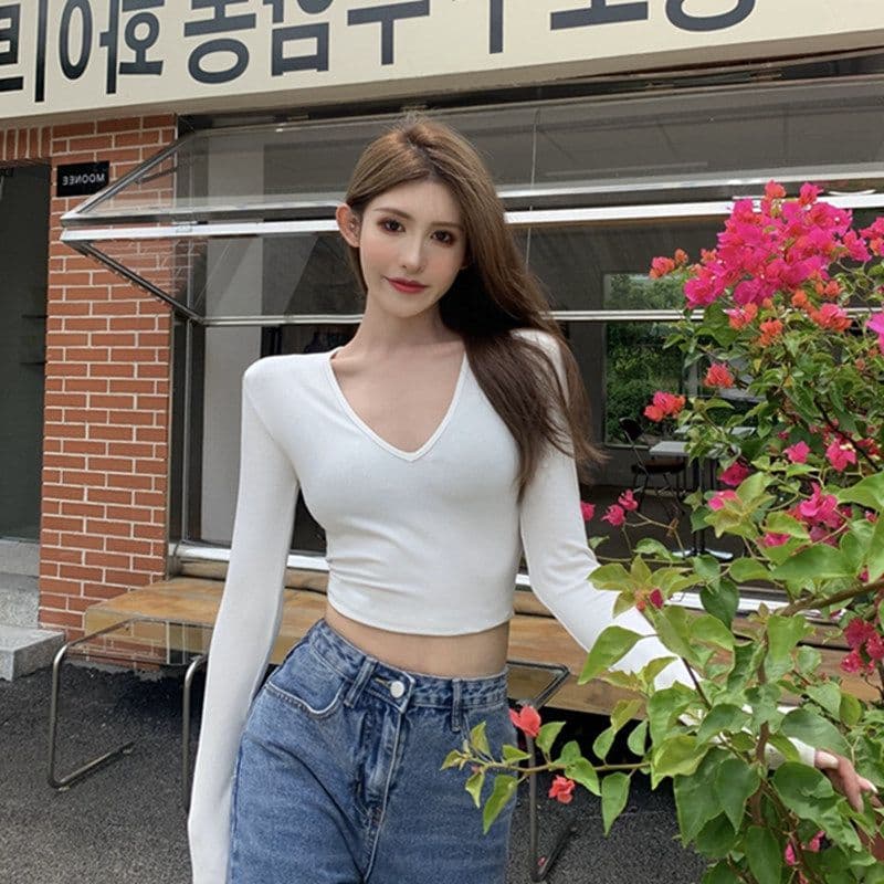 있음 선적 티셔츠 여성 짧은 몸매 가꾸기 긴팔 기본 셔츠 가을 섹시함 V넥 쇄골 학생 맨위 여성 이미지 2