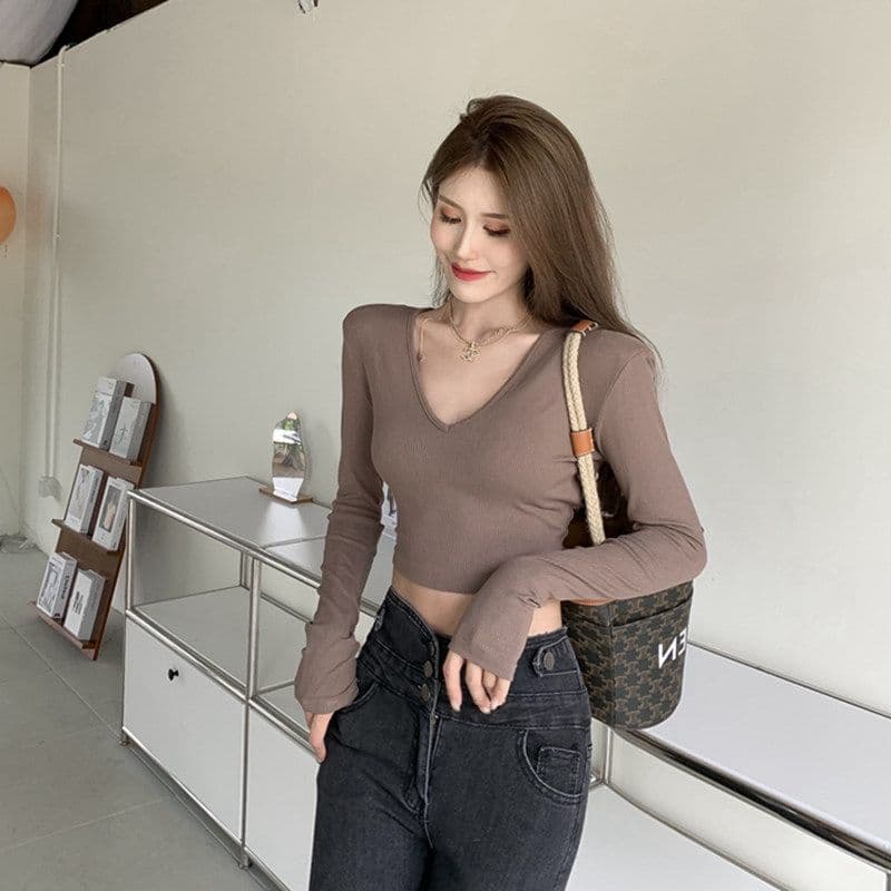 있음 선적 티셔츠 여성 짧은 몸매 가꾸기 긴팔 기본 셔츠 가을 섹시함 V넥 쇄골 학생 맨위 여성 상세 이미지 6