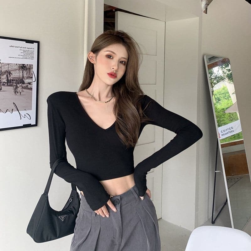 있음 선적 티셔츠 여성 짧은 몸매 가꾸기 긴팔 기본 셔츠 가을 섹시함 V넥 쇄골 학생 맨위 여성 상세 이미지 8