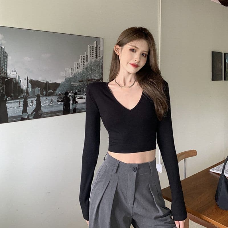 있음 선적 티셔츠 여성 짧은 몸매 가꾸기 긴팔 기본 셔츠 가을 섹시함 V넥 쇄골 학생 맨위 여성 상세 이미지 10