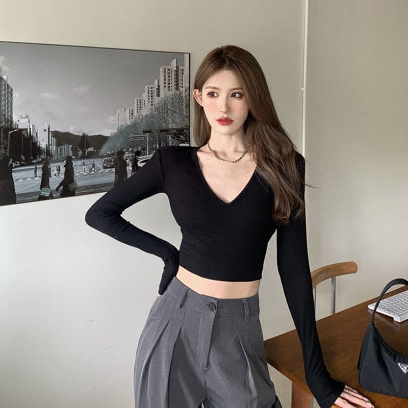 있음 선적 티셔츠 여성 짧은 몸매 가꾸기 긴팔 기본 셔츠 가을 섹시함 V넥 쇄골 학생 맨위 여성 상세 이미지 11