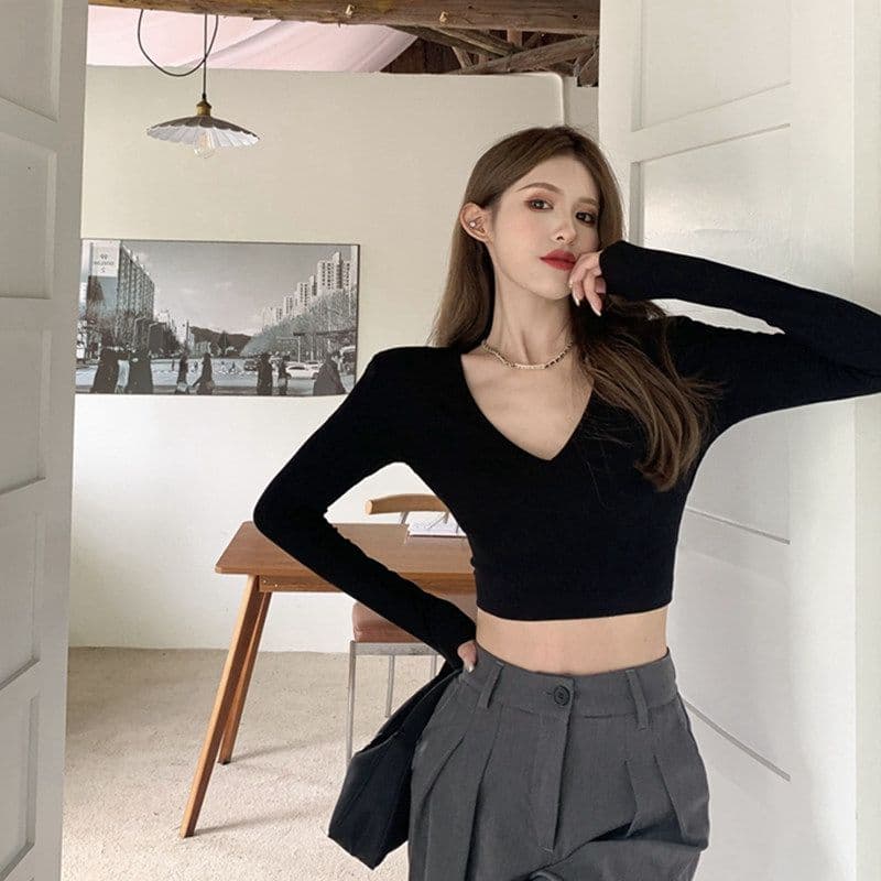있음 선적 티셔츠 여성 짧은 몸매 가꾸기 긴팔 기본 셔츠 가을 섹시함 V넥 쇄골 학생 맨위 여성 상세 이미지 12