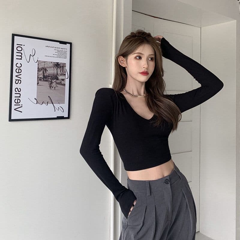 있음 선적 티셔츠 여성 짧은 몸매 가꾸기 긴팔 기본 셔츠 가을 섹시함 V넥 쇄골 학생 맨위 여성 상세 이미지 13