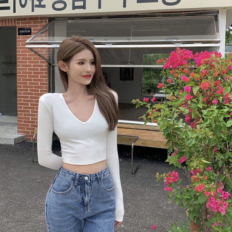 있음 선적 티셔츠 여성 짧은 몸매 가꾸기 긴팔 기본 셔츠 가을 섹시함 V넥 쇄골 학생 맨위 여성 상세 이미지 15