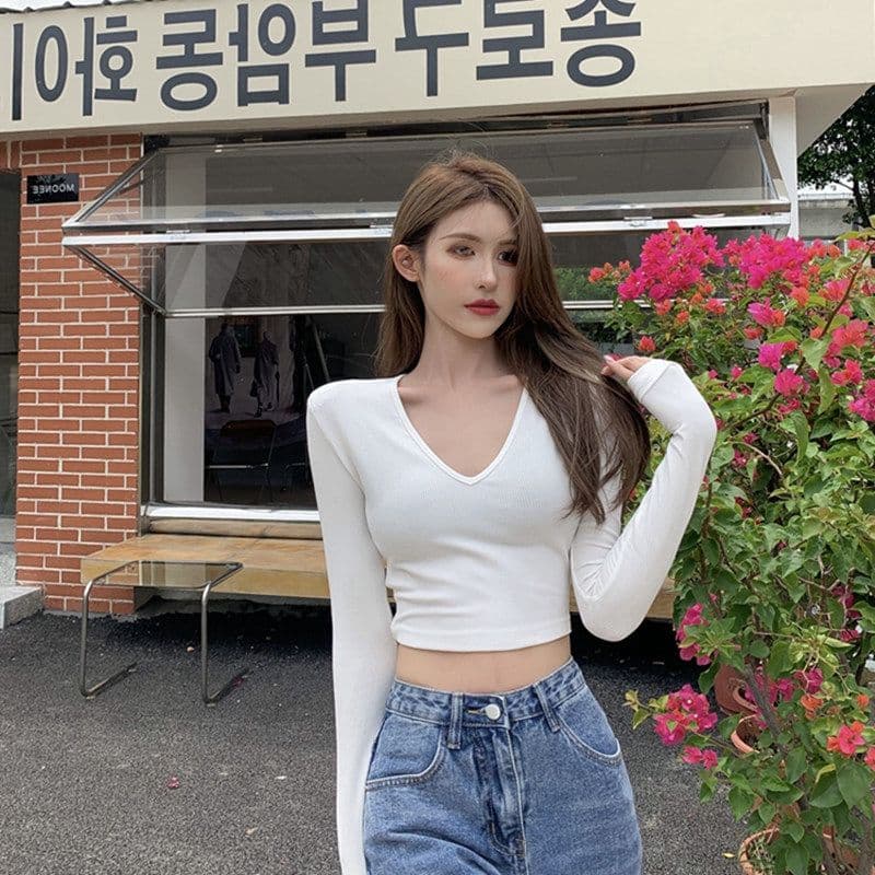 있음 선적 티셔츠 여성 짧은 몸매 가꾸기 긴팔 기본 셔츠 가을 섹시함 V넥 쇄골 학생 맨위 여성 상세 이미지 16