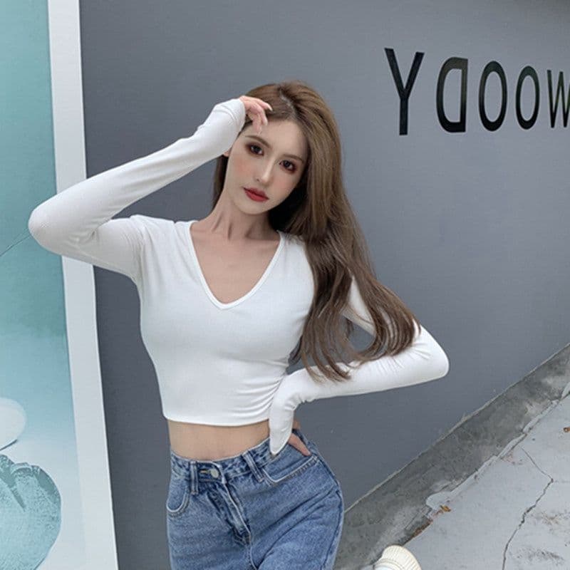 있음 선적 티셔츠 여성 짧은 몸매 가꾸기 긴팔 기본 셔츠 가을 섹시함 V넥 쇄골 학생 맨위 여성 상세 이미지 17