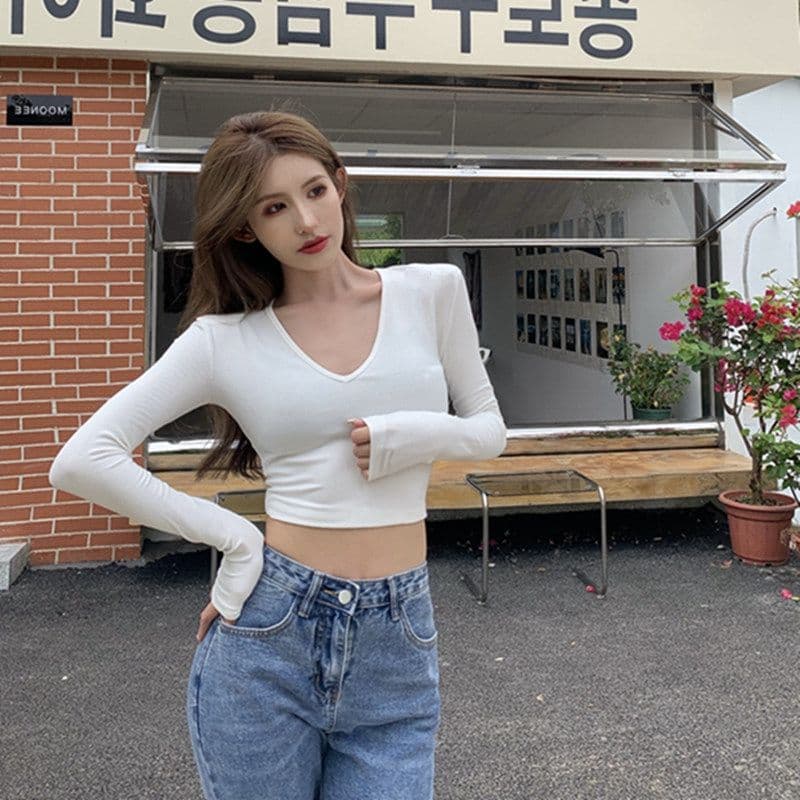 있음 선적 티셔츠 여성 짧은 몸매 가꾸기 긴팔 기본 셔츠 가을 섹시함 V넥 쇄골 학생 맨위 여성 상세 이미지 18