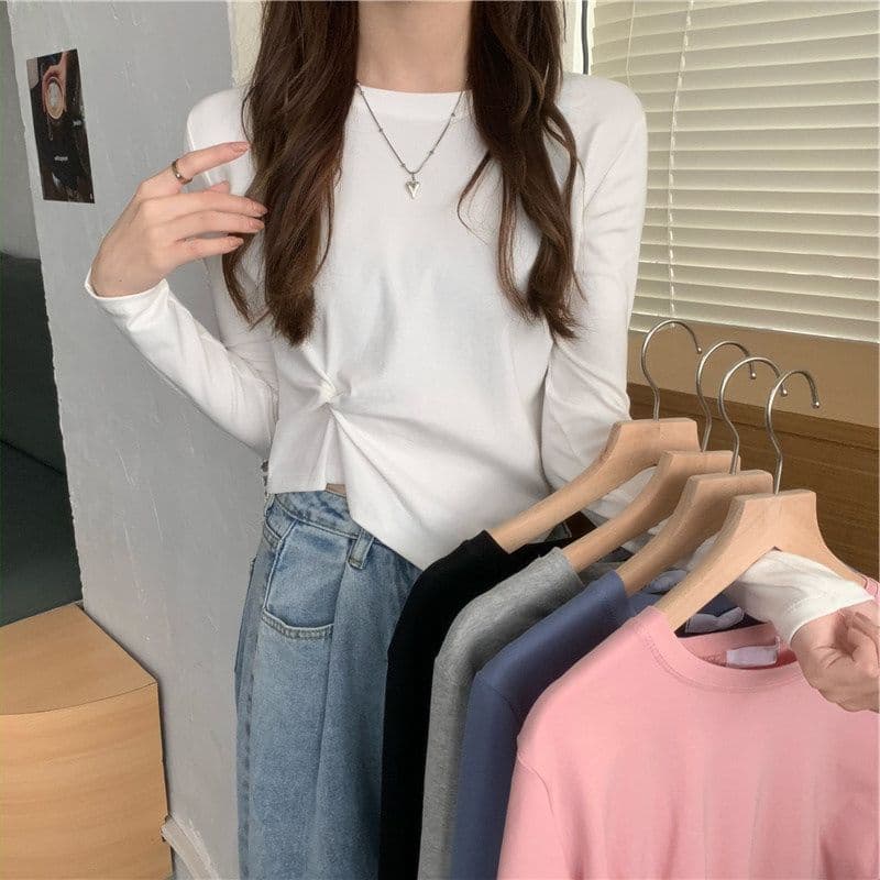 가을 한국 스타일 불규칙 디자인 센스 긴팔 티셔츠 여성 Chic 학생 맨위 여성 기본 셔츠 상세 이미지 2