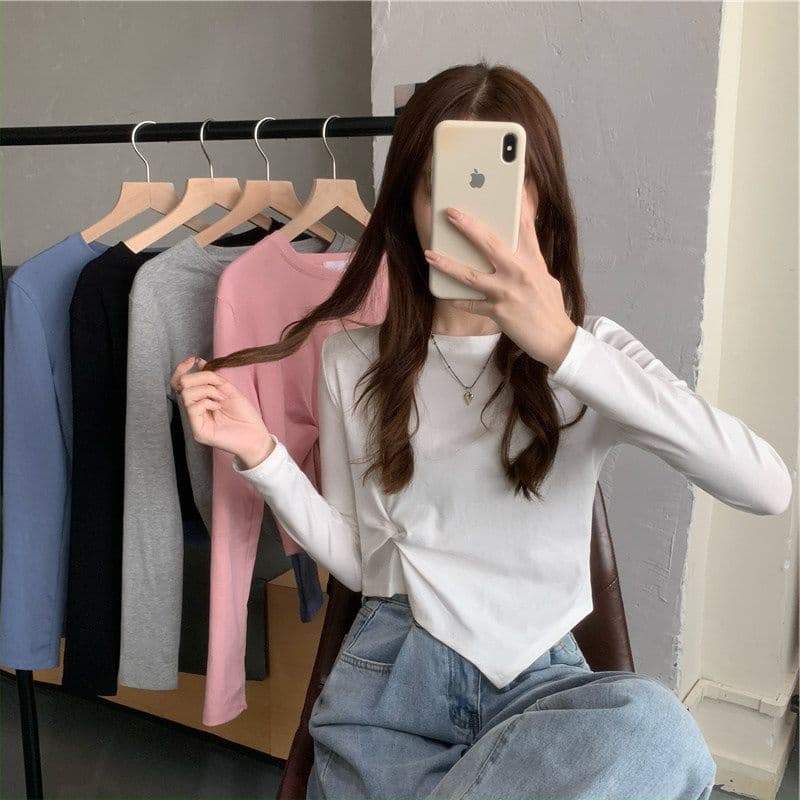 가을 한국 스타일 불규칙 디자인 센스 긴팔 티셔츠 여성 Chic 학생 맨위 여성 기본 셔츠 상세 이미지 3