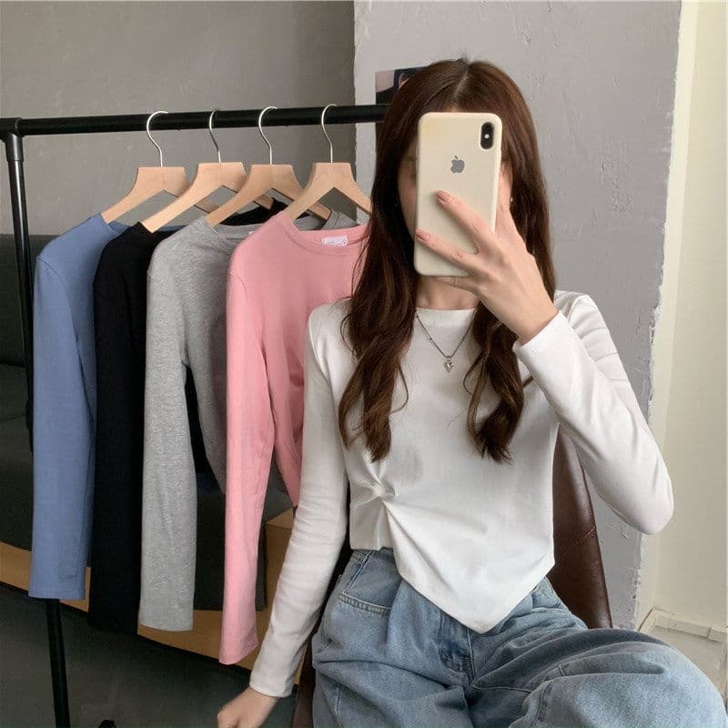 가을 한국 스타일 불규칙 디자인 센스 긴팔 티셔츠 여성 Chic 학생 맨위 여성 기본 셔츠 상세 이미지 4