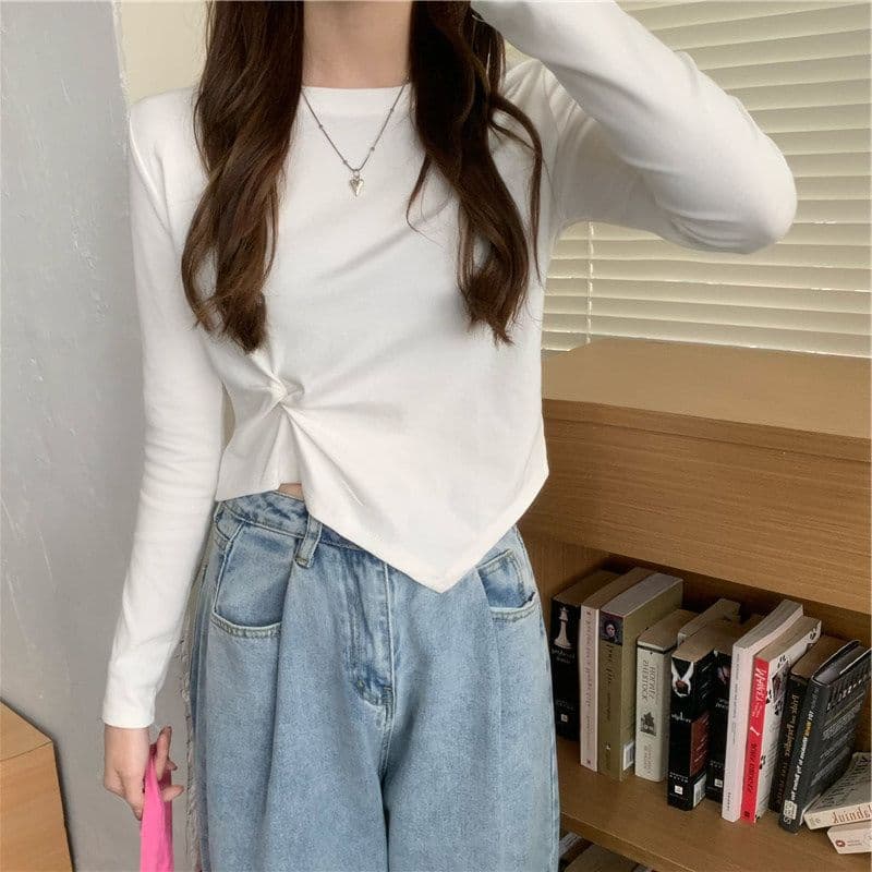 가을 한국 스타일 불규칙 디자인 센스 긴팔 티셔츠 여성 Chic 학생 맨위 여성 기본 셔츠 상세 이미지 5