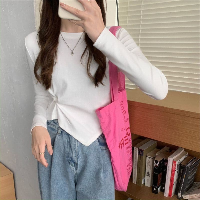 가을 한국 스타일 불규칙 디자인 센스 긴팔 티셔츠 여성 Chic 학생 맨위 여성 기본 셔츠 상세 이미지 6