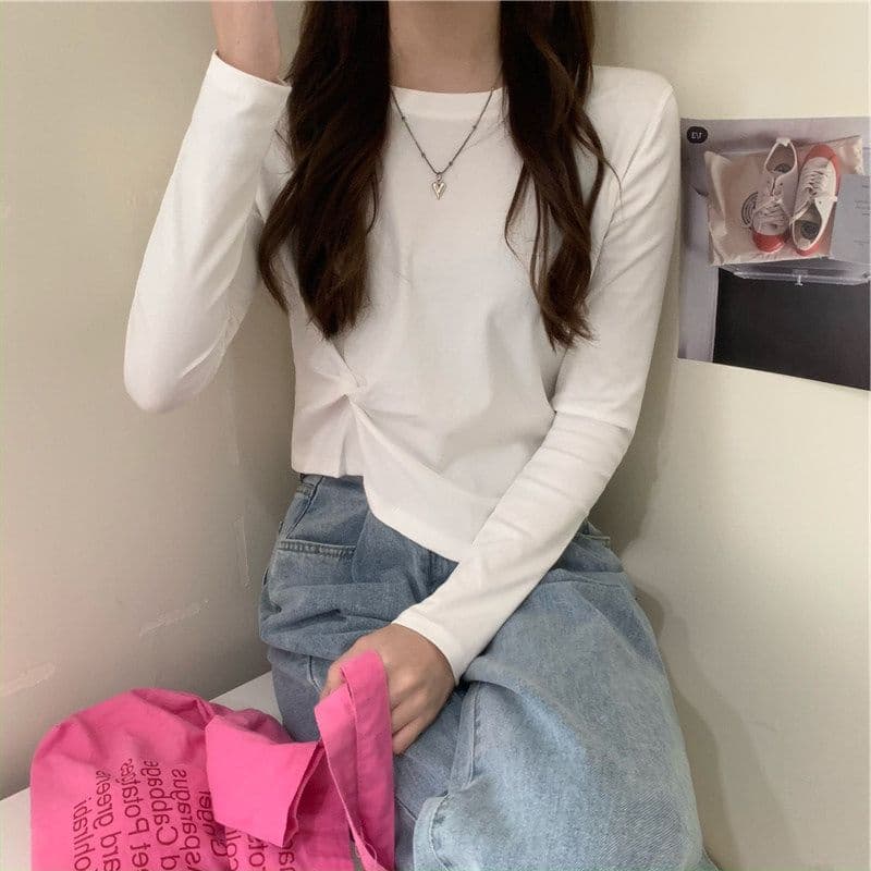 가을 한국 스타일 불규칙 디자인 센스 긴팔 티셔츠 여성 Chic 학생 맨위 여성 기본 셔츠 상세 이미지 7