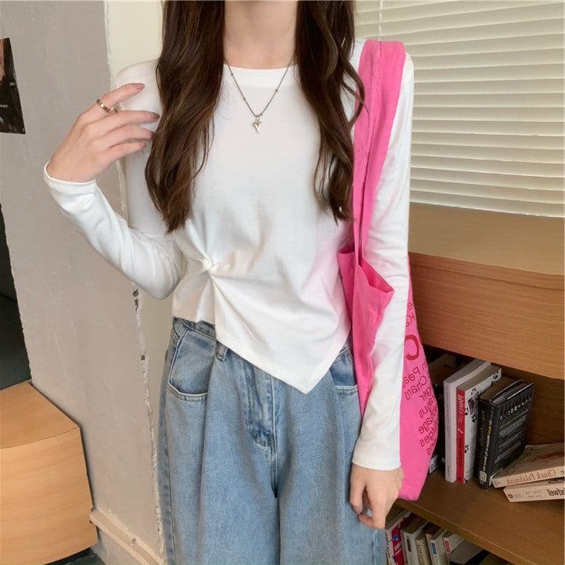 가을 한국 스타일 불규칙 디자인 센스 긴팔 티셔츠 여성 Chic 학생 맨위 여성 기본 셔츠 상세 이미지 8