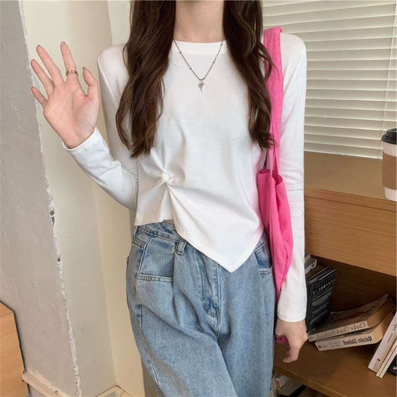 가을 한국 스타일 불규칙 디자인 센스 긴팔 티셔츠 여성 Chic 학생 맨위 여성 기본 셔츠 상세 이미지 9