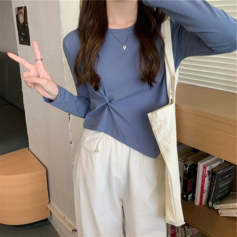 가을 한국 스타일 불규칙 디자인 센스 긴팔 티셔츠 여성 Chic 학생 맨위 여성 기본 셔츠 상세 이미지 10