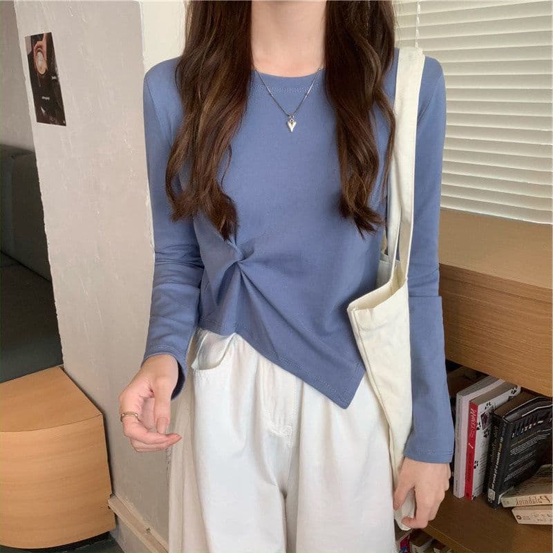 가을 한국 스타일 불규칙 디자인 센스 긴팔 티셔츠 여성 Chic 학생 맨위 여성 기본 셔츠 상세 이미지 11