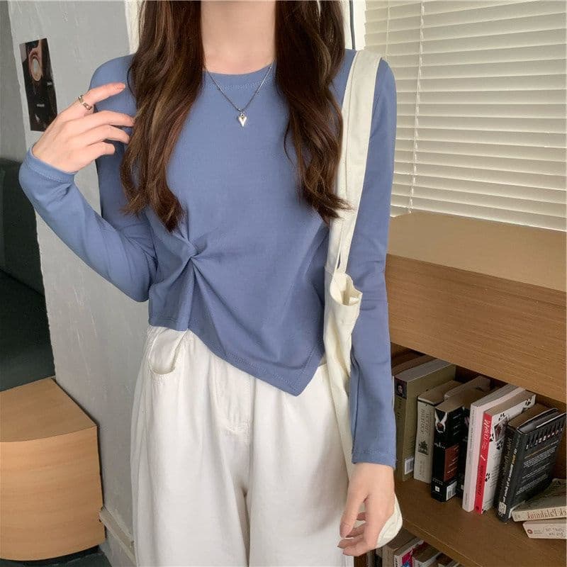 가을 한국 스타일 불규칙 디자인 센스 긴팔 티셔츠 여성 Chic 학생 맨위 여성 기본 셔츠 상세 이미지 12
