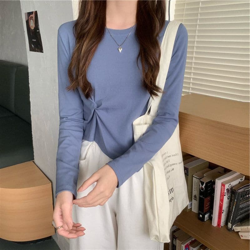 가을 한국 스타일 불규칙 디자인 센스 긴팔 티셔츠 여성 Chic 학생 맨위 여성 기본 셔츠 상세 이미지 13