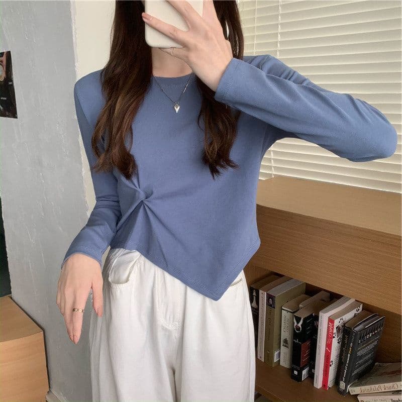 가을 한국 스타일 불규칙 디자인 센스 긴팔 티셔츠 여성 Chic 학생 맨위 여성 기본 셔츠 상세 이미지 14