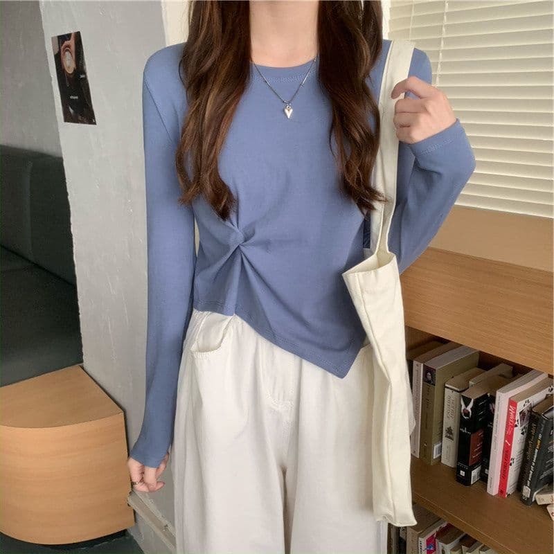 가을 한국 스타일 불규칙 디자인 센스 긴팔 티셔츠 여성 Chic 학생 맨위 여성 기본 셔츠 상세 이미지 15