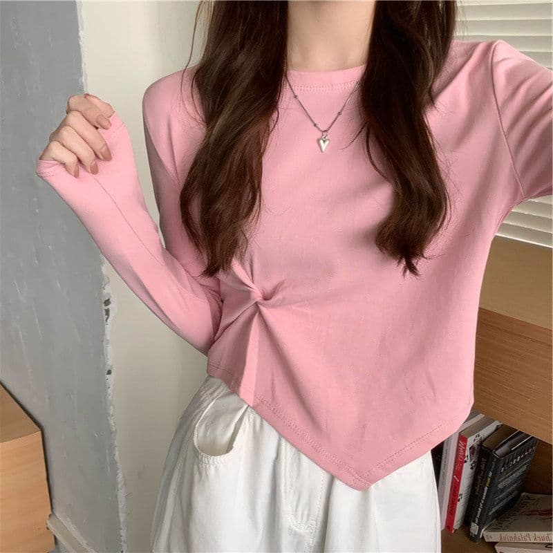 가을 한국 스타일 불규칙 디자인 센스 긴팔 티셔츠 여성 Chic 학생 맨위 여성 기본 셔츠 상세 이미지 16