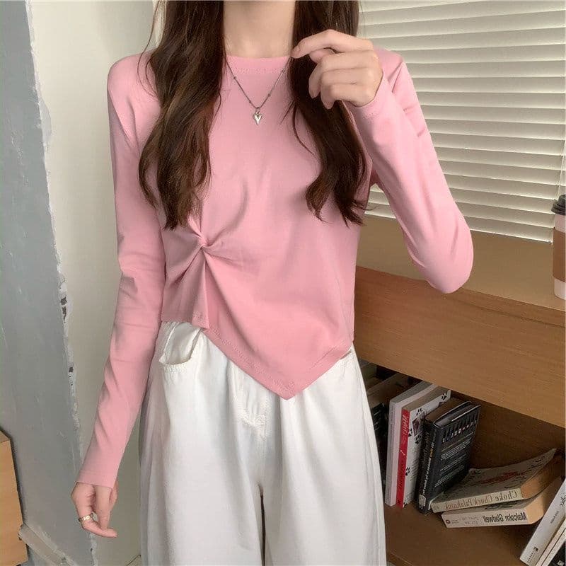 가을 한국 스타일 불규칙 디자인 센스 긴팔 티셔츠 여성 Chic 학생 맨위 여성 기본 셔츠 상세 이미지 17