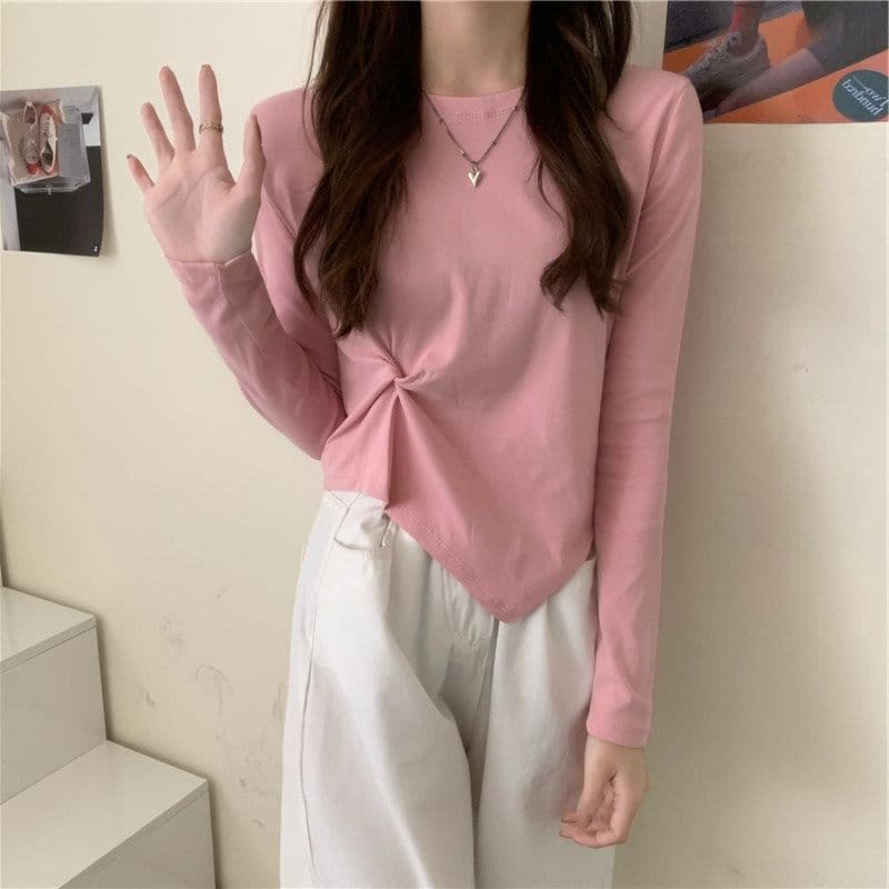 가을 한국 스타일 불규칙 디자인 센스 긴팔 티셔츠 여성 Chic 학생 맨위 여성 기본 셔츠 상세 이미지 19