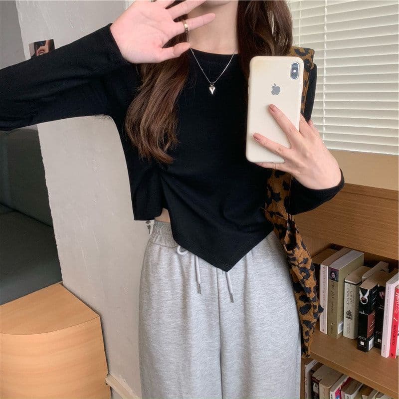 가을 한국 스타일 불규칙 디자인 센스 긴팔 티셔츠 여성 Chic 학생 맨위 여성 기본 셔츠 상세 이미지 25