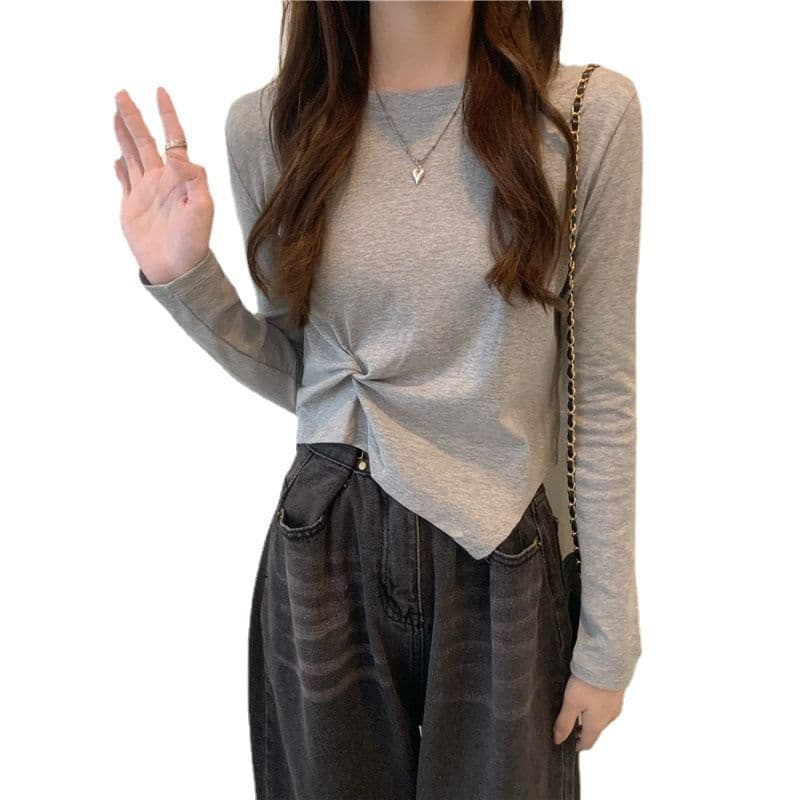 가을 한국 스타일 불규칙 디자인 센스 긴팔 티셔츠 여성 Chic 학생 맨위 여성 기본 셔츠 상세 이미지 32