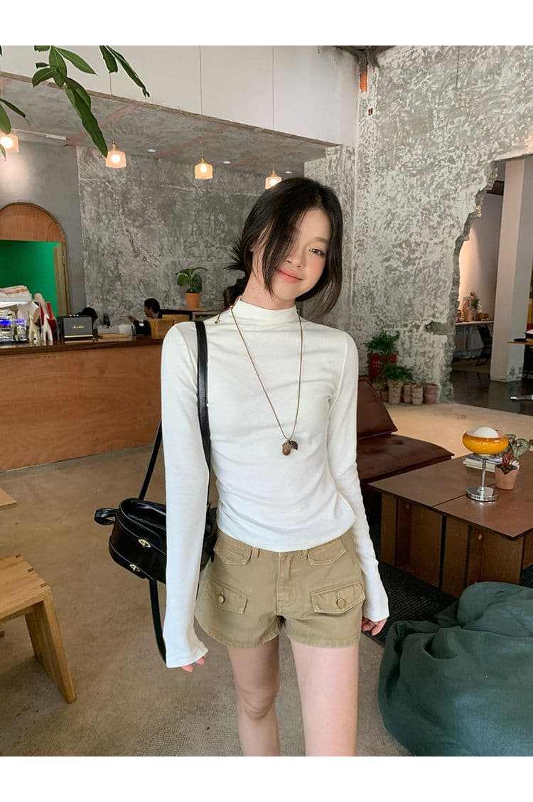 De 플러시 보온 화이트 반하이넥 인사이드 가져 가라. 기본 셔츠 여성 가을 겨울 몸매 가꾸기 핫걸 한 부서 긴팔 티셔츠 맨위 상세 이미지 4