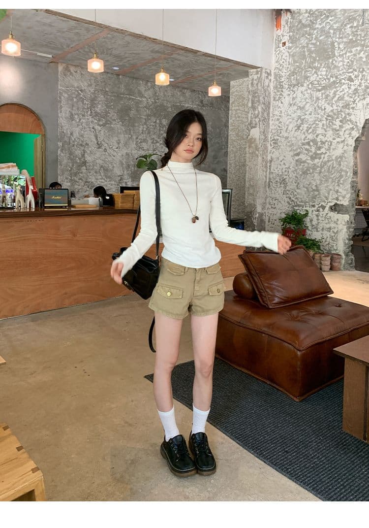 De 플러시 보온 화이트 반하이넥 인사이드 가져 가라. 기본 셔츠 여성 가을 겨울 몸매 가꾸기 핫걸 한 부서 긴팔 티셔츠 맨위 상세 이미지 5