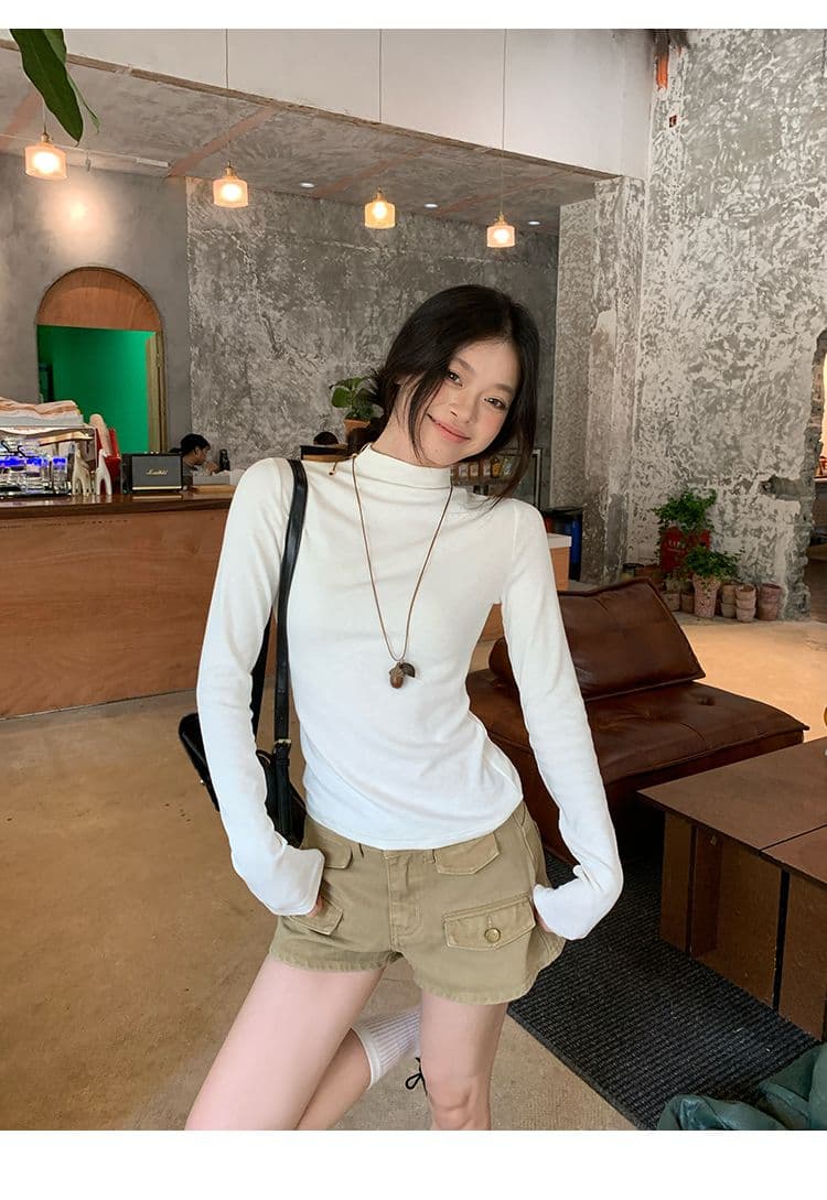 De 플러시 보온 화이트 반하이넥 인사이드 가져 가라. 기본 셔츠 여성 가을 겨울 몸매 가꾸기 핫걸 한 부서 긴팔 티셔츠 맨위 상세 이미지 11