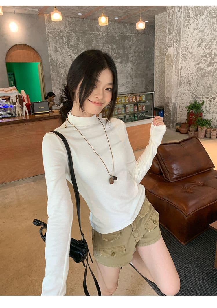 De 플러시 보온 화이트 반하이넥 인사이드 가져 가라. 기본 셔츠 여성 가을 겨울 몸매 가꾸기 핫걸 한 부서 긴팔 티셔츠 맨위 상세 이미지 12