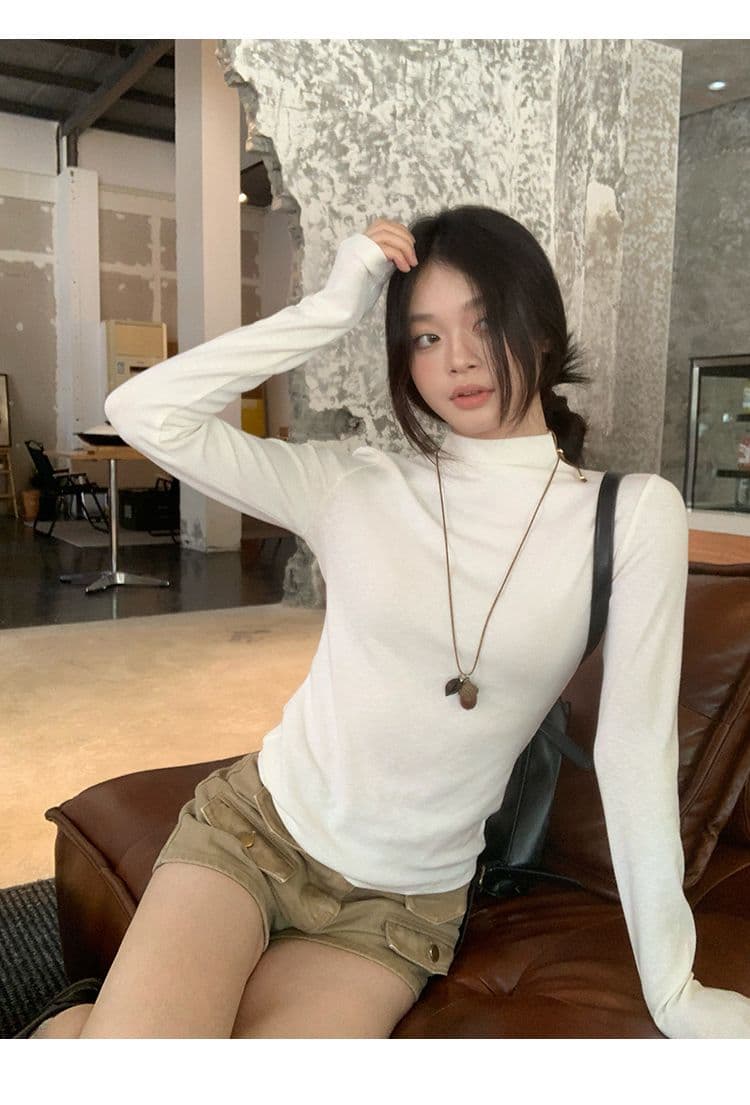 De 플러시 보온 화이트 반하이넥 인사이드 가져 가라. 기본 셔츠 여성 가을 겨울 몸매 가꾸기 핫걸 한 부서 긴팔 티셔츠 맨위 상세 이미지 13