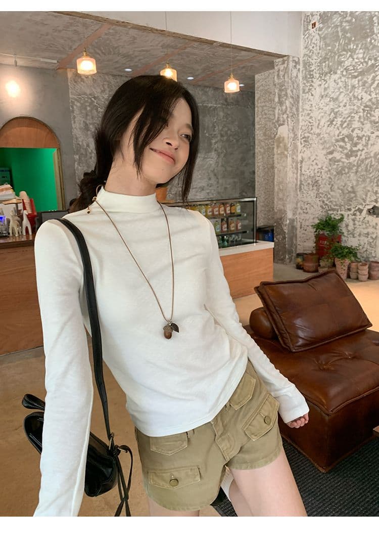 De 플러시 보온 화이트 반하이넥 인사이드 가져 가라. 기본 셔츠 여성 가을 겨울 몸매 가꾸기 핫걸 한 부서 긴팔 티셔츠 맨위 상세 이미지 16