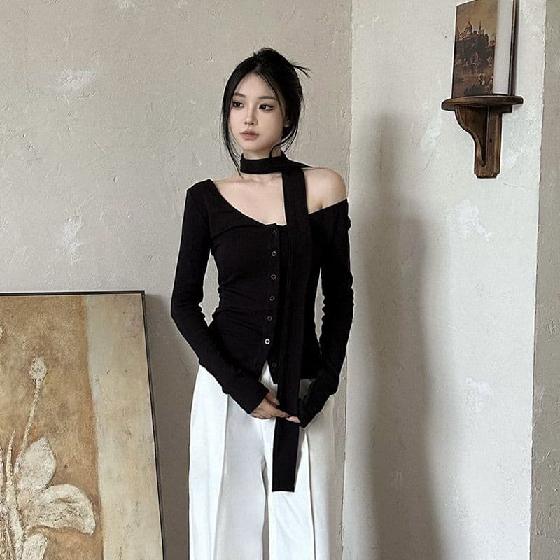 경관 그림 정가 순수한 욕망 핫걸 바람 긴팔 티셔츠 여성 가을 겨울 새로운 몸매 가꾸기 슬림해 보이는 인사이드 가져 가라. 기본 셔츠 맨위 상세 이미지 15
