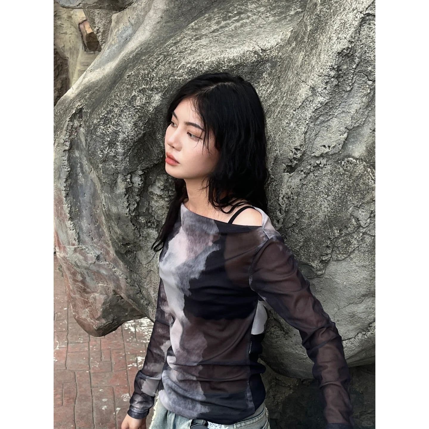 실사 원본 품질 프랑스식 오프숄더 홀치기 염색 헤일로 염색 풀오버 망사 맨위 상세 이미지 14