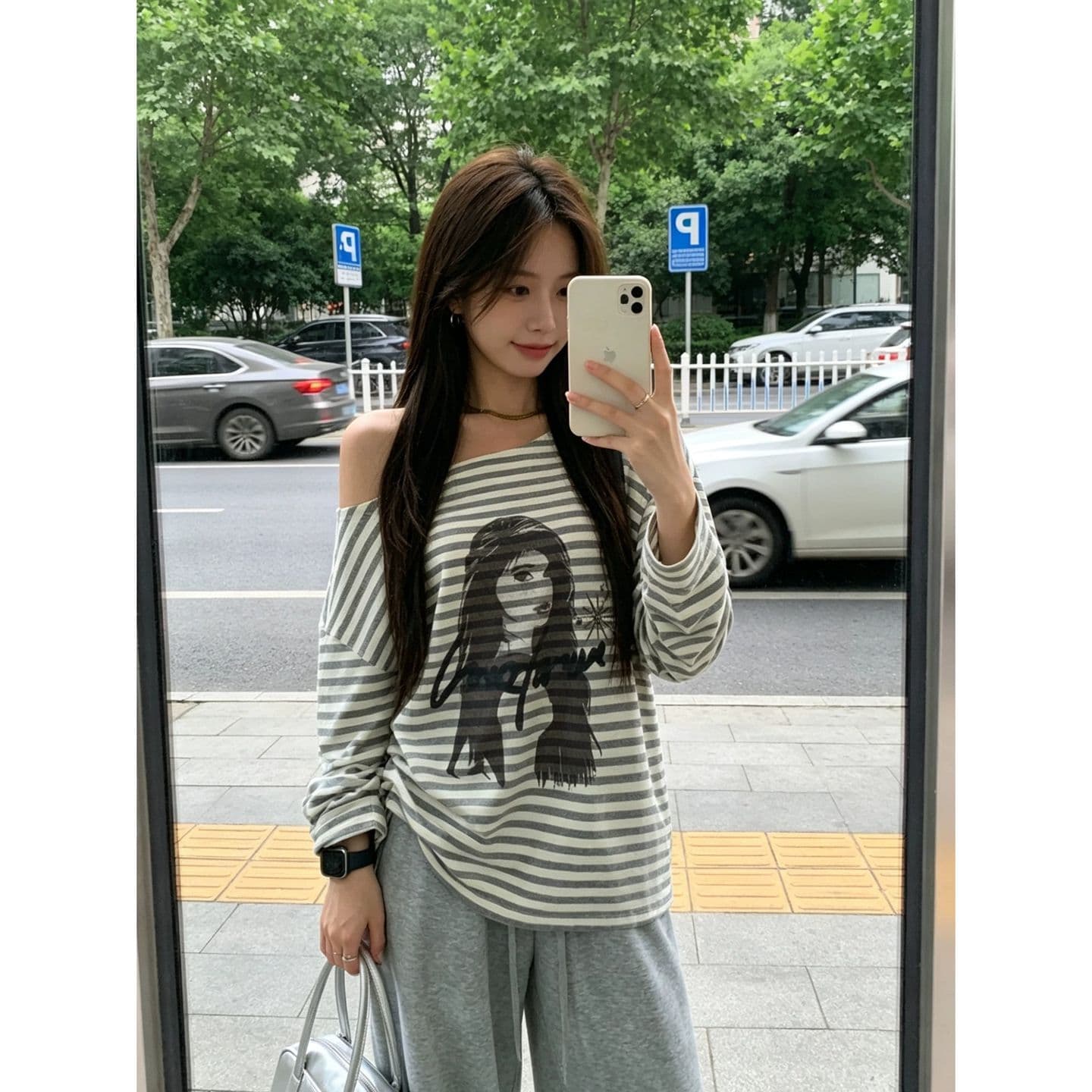 경관 그림 원본 품질 거리 캐주얼 바람 비스듬한 어깨 루즈핏 스트라이프 긴팔 티셔츠 상세 이미지 8