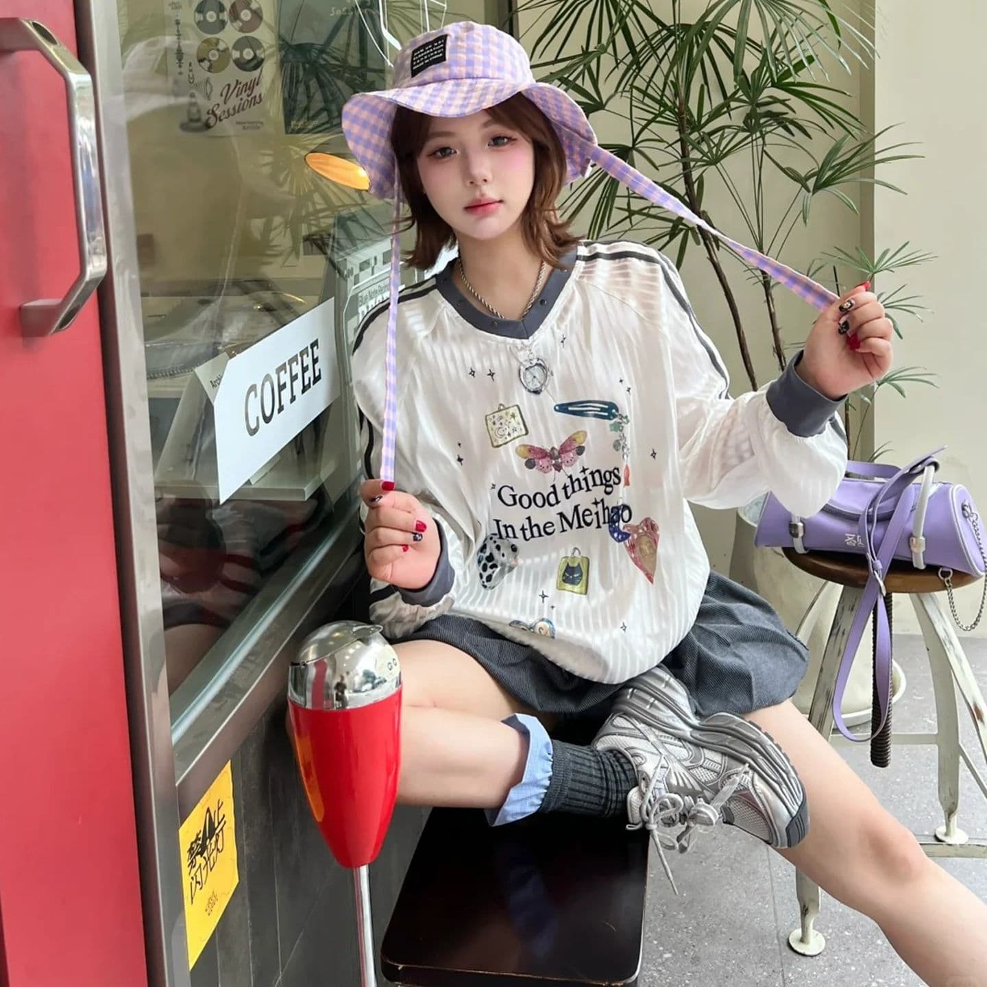 경관 그림 원본 품질 캐주얼 저지 여성 귀여운 만화 긴팔 패치워크 티셔츠 맨위 이미지 3