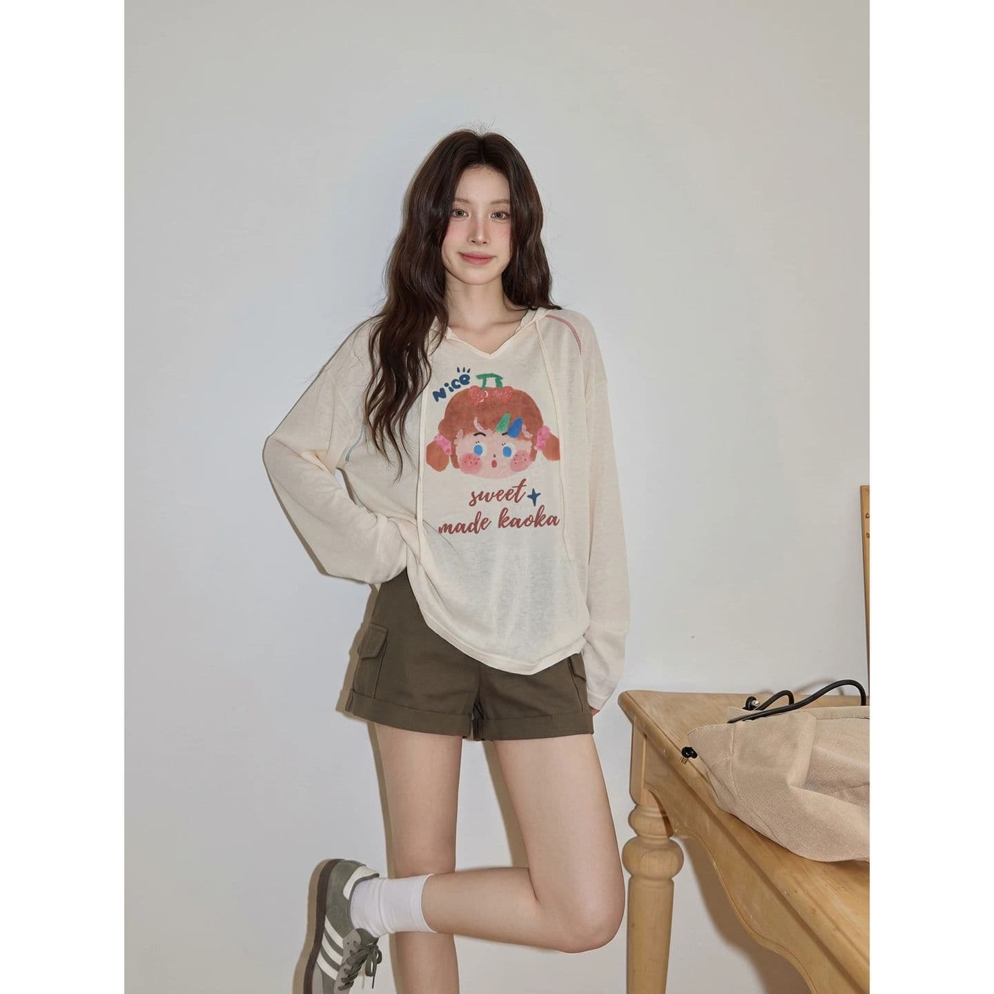 경관 그림 원본 것 후드 긴팔 티셔츠 여성 가을 경량 에어컨 블라우스 이미지 4