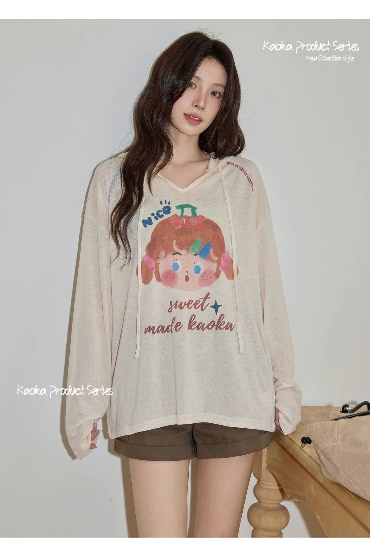 경관 그림 원본 것 후드 긴팔 티셔츠 여성 가을 경량 에어컨 블라우스 상세 이미지 11