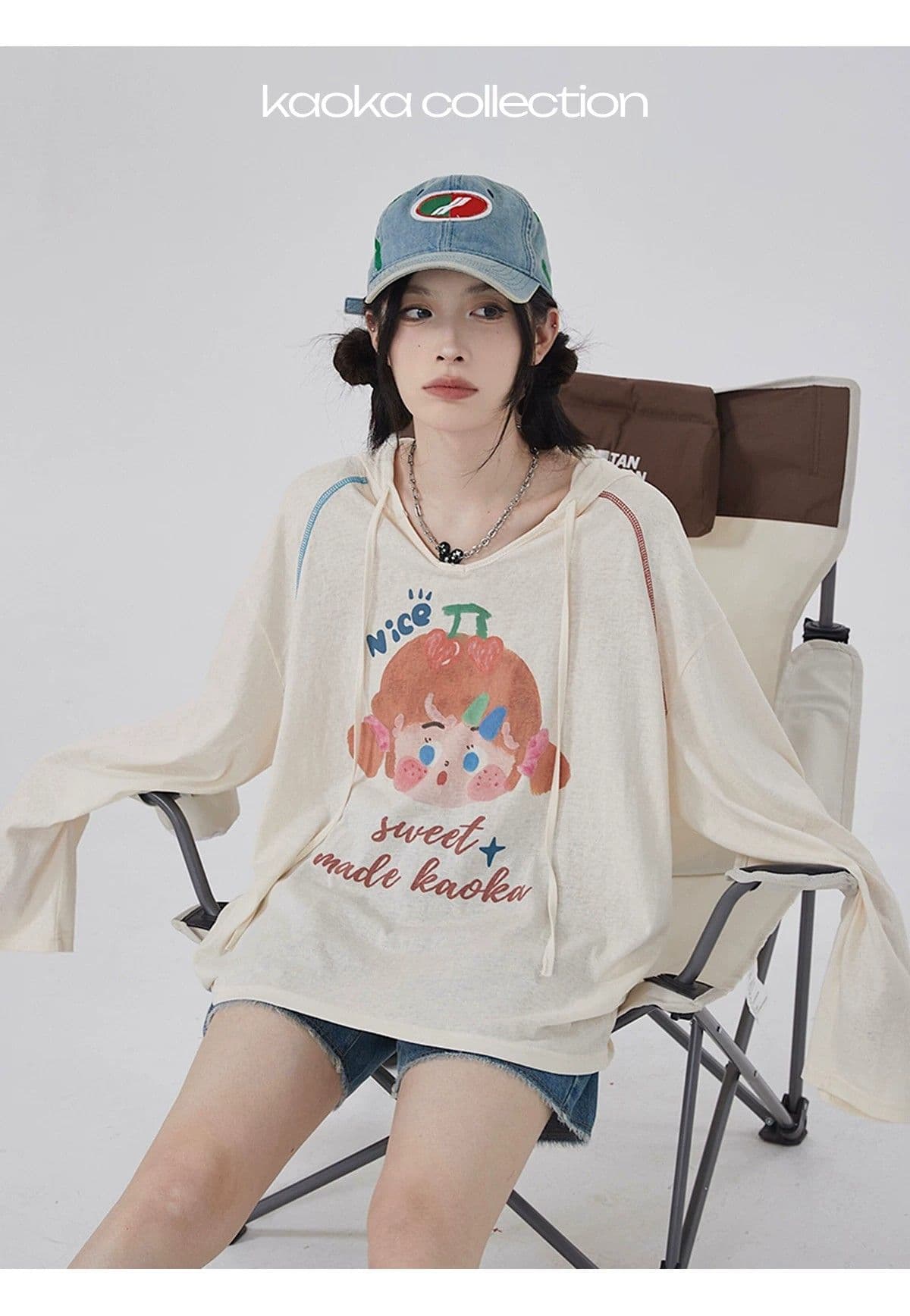 경관 그림 원본 것 후드 긴팔 티셔츠 여성 가을 경량 에어컨 블라우스 상세 이미지 19